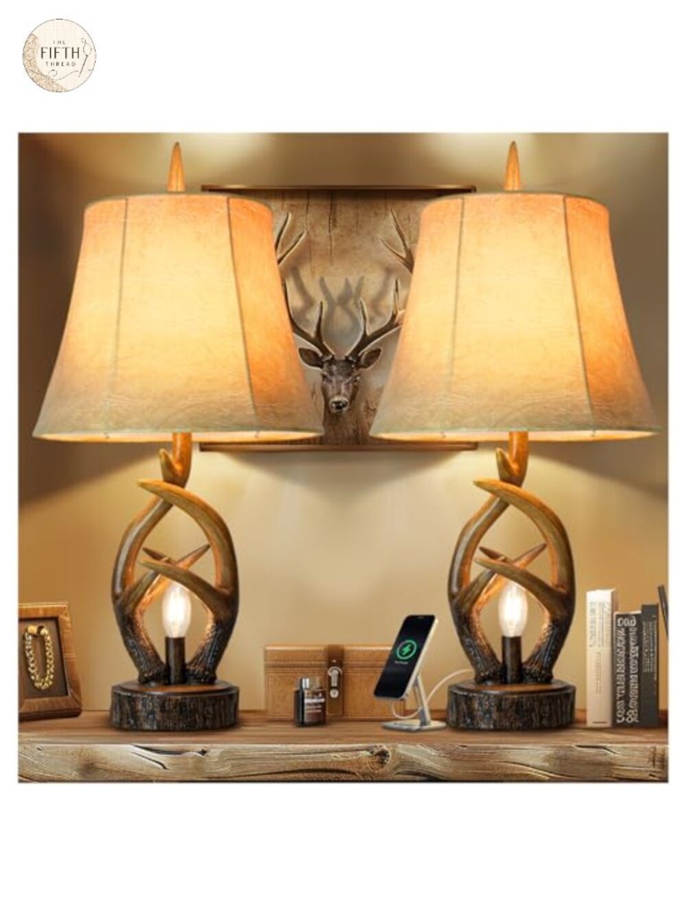 Rustic Wood Table Lamp Set of 2 with USB Ports and Night Light, 25" High